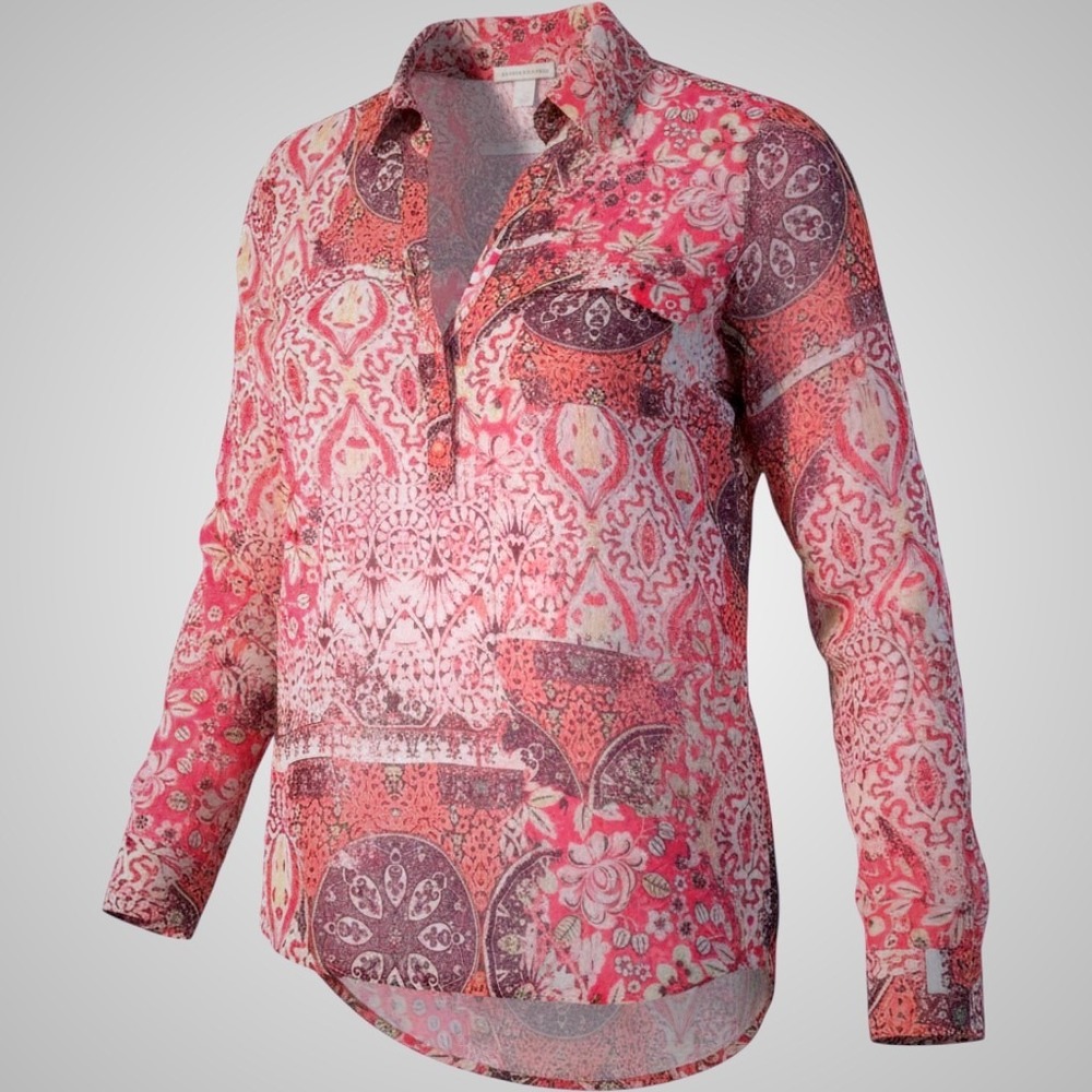 Boho Career New York & Company Womens XL Pink Paisley Roll Tab‎ Blouse